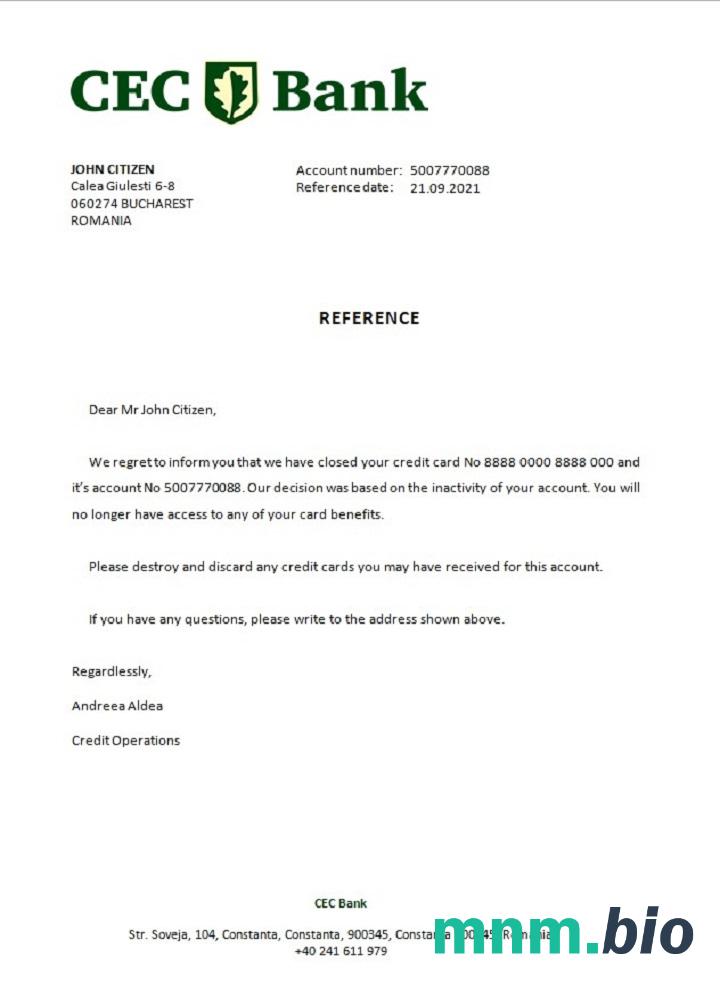 Przykład zamknięcia Banku Rumunii CEC w formatach Word i PDF